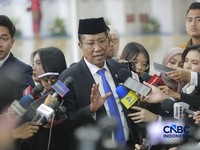 Menteri Hukum Indonesia, Supratman Andi Agtas saat doorstop gedung usai acara sidang Tahunan MPR - Sidang Bersama DPR-DPD RI 2026 di Gedung DPR RI, Jumat (14/8/2026). (CNBC Indonesia/Muhammad Sabki)