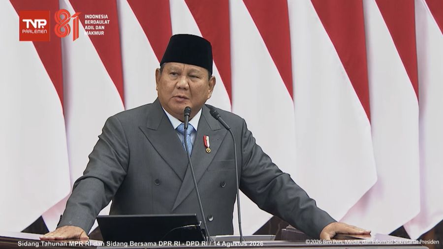 Pidato Presiden Prabowo Subianto saat Sidang Tahunan MPR dan Sidang Bersama DPR dan DPD, Jumat (14/8/2026). (Tangkapan layar youtube Setpres RI)