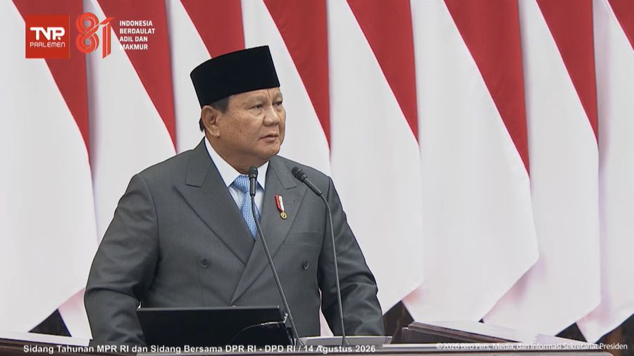 Pidato Presiden Prabowo Subianto saat Sidang Tahunan MPR dan Sidang Bersama DPR dan DPD, Jumat (14/8/2026). (Tangkapan layar youtube Setpres RI)