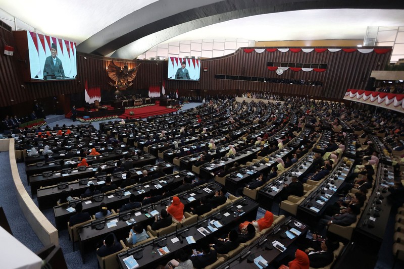 Pidato Presiden Prabowo Subianto saat Sidang Tahunan MPR dan Sidang Bersama DPR dan DPD, Jumat (14/8/2026). (REUTERS/Stringer)