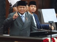 Pidato Presiden Prabowo Subianto saat Sidang Tahunan MPR dan Sidang Bersama DPR dan DPD, Jumat (14/8/2026). (REUTERS/Stringer)