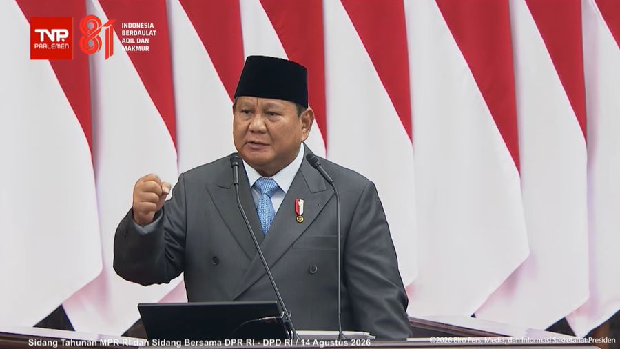 Presiden Prabowo Subianto saat berpidato di Sidang Tahunan MPR di Jakarta, Jumat (14/8).