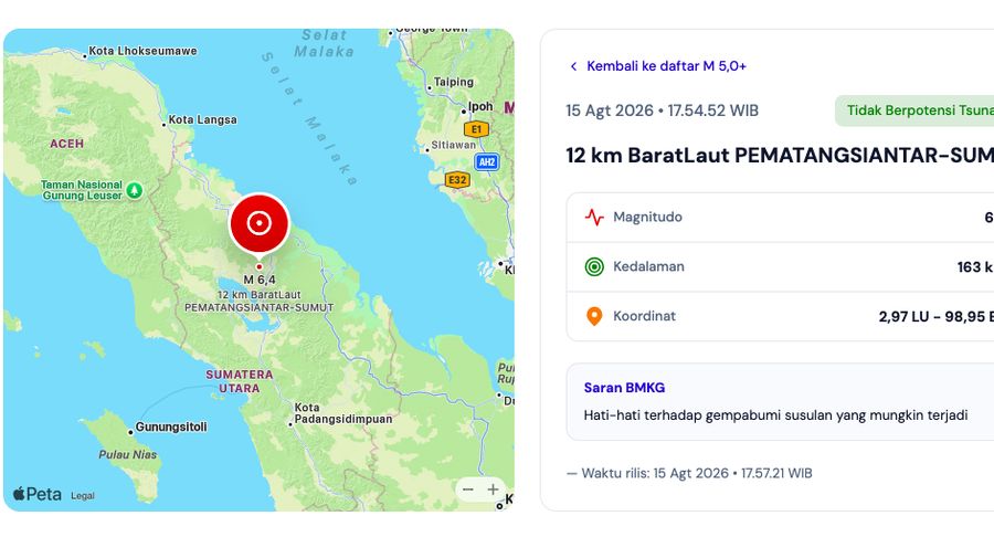 Gempa bumi mengguncang Pematang Siantar, Sumatra Utara dengan kekuatan 6,4 Magnitudo dengan kedalaman 163 km pada Sabtu (15/8/2026). (Dok. BMKG)
