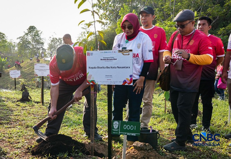 Ribuan warga menghadiri kegiatan penanaman pohon dalam rangka menyambut HUT ke-81 Kemerdekaan Indonesia di Embung Sanggai, Kawasan Inti Pusat Pemerintahan (KIPP) IKN, Penajam Paser Utara, Kalimantan Timur, Sabtu (15/8/2026). (CNBC Indonesia/Tias Budiarto)