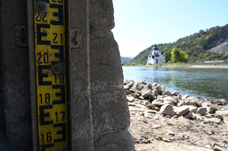 Permukaan air Sungai Rhine di Jerman terus menyusut hingga mencetak rekor terendah seiring terjadinya gelombang panas yang melanda Eropa. (REUTERS/Stephane Nitschke)