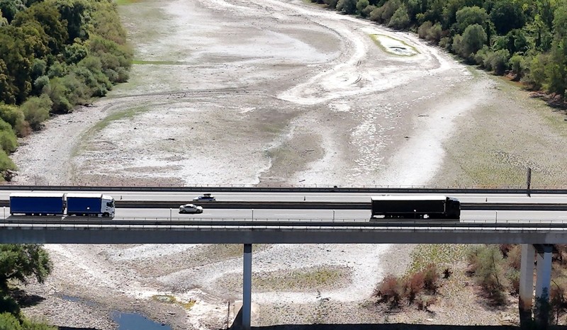 Permukaan air Sungai Rhine di Jerman terus menyusut hingga mencetak rekor terendah seiring terjadinya gelombang panas yang melanda Eropa. (REUTERS/Stephane Nitschke)