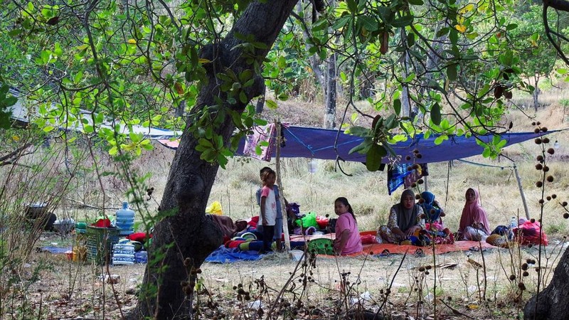 Warga desa duduk di bawah tenda darurat setelah mengungsi ke perbukitan menyusul gempa bumi yang terasa di Sikka, Indonesia, Minggu (16/8/2026). (REUTERS/Stringer)
