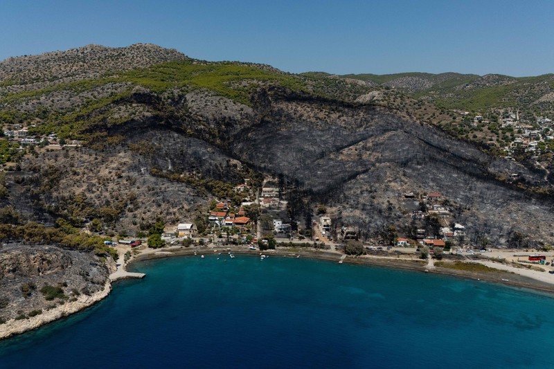 Kondisi area yang hangus terbakar akibat kebakaran hutan di wilayah Peristeria, Pulau Salamina, dekat Athena, Yunani, Senin (17/8/2026). (REUTERS/Stelios Misinas)