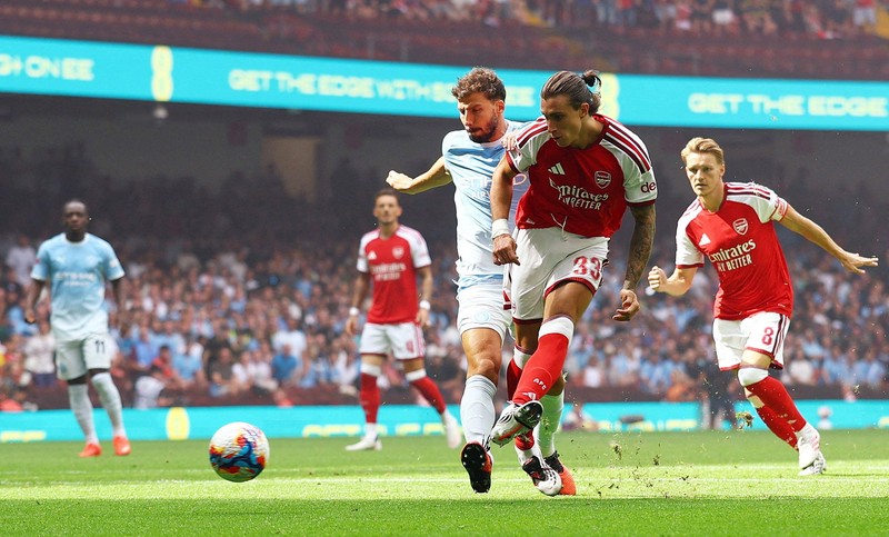 Pertandingan Community Shield antara Arsenal melawan Manchester CIty di Principality Stadium, Cardiff, Wales, Minggu (16/8/2026). (Action Images via Reuters/Matthew Childs)