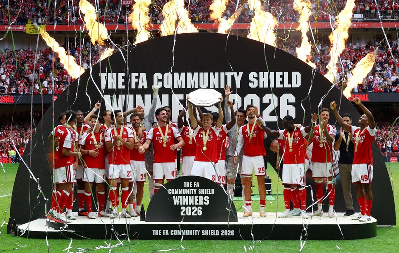 Pertandingan Community Shield antara Arsenal melawan Manchester CIty di Principality Stadium, Cardiff, Wales, Minggu (16/8/2026). (Action Images via Reuters/Matthew Childs)
