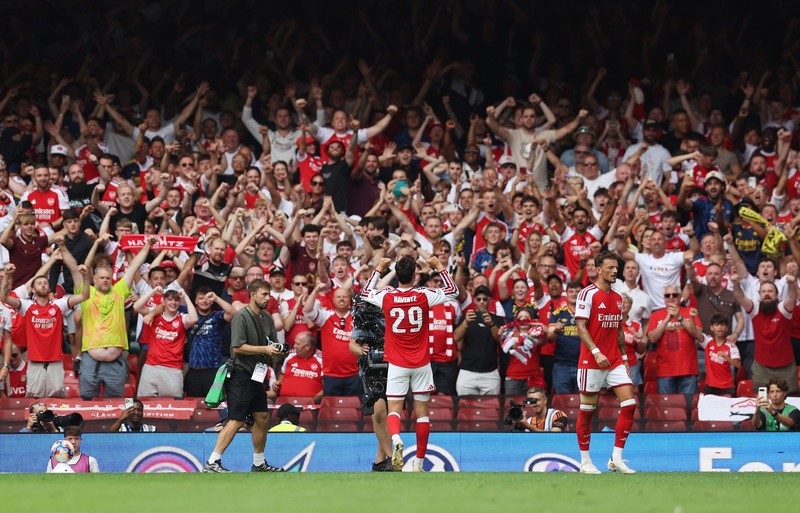 Pertandingan Community Shield antara Arsenal melawan Manchester CIty di Principality Stadium, Cardiff, Wales, Minggu (16/8/2026). (Action Images via Reuters/Matthew Childs)