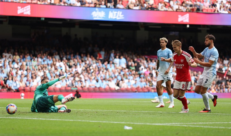 Pertandingan Community Shield antara Arsenal melawan Manchester CIty di Principality Stadium, Cardiff, Wales, Minggu (16/8/2026). (Action Images via Reuters/Matthew Childs)