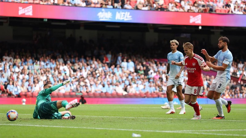 Pertandingan Community Shield antara Arsenal melawan Manchester CIty di Principality Stadium, Cardiff, Wales, Minggu (16/8/2026). (REUTERS/Chris Radburn)