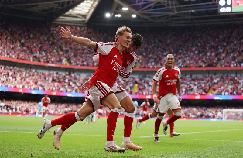 Pertandingan Community Shield antara Arsenal melawan Manchester CIty di Principality Stadium, Cardiff, Wales, Minggu (16/8/2026). (Action Images via Reuters/Matthew Childs)