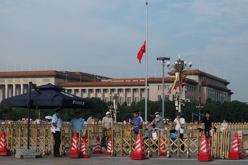The Chinese flag at Tiananmen Square flies at half-mast in memory of late Former Chinese Premier Zhu Rongji who passed away last Wednesday aged 97, in Beijing, China, August 18, 2026. REUTERS/Maxim Shemetov