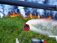 Pesawat Angkata Udara Belgia melakukan pemadaman api yang membakar hutan di wilayah High Fens, Belgia, Senin (17/8/2026). (Polisi Federal Belgia/Handout via REUTERS)