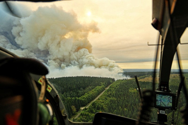 Pesawat Angkata Udara Belgia melakukan pemadaman api yang membakar hutan di wilayah High Fens, Belgia, Senin (17/8/2026). (Polisi Federal Belgia/Handout via REUTERS)