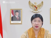 Pejabat Sementara (Pjs) Gubernur Bank Indonesia (BI) Destry Damayanti saat zoom meeting di Jakarta, Rabu (19/8/2026). (Tangkapan layar YouTube)