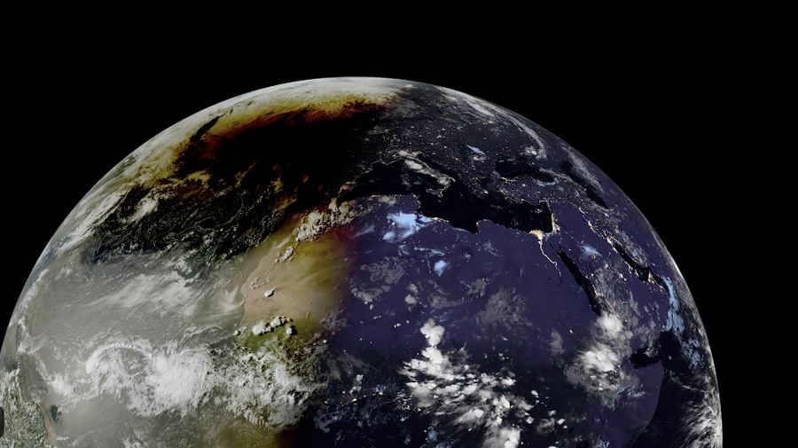 Satelit Meteosat Third Generation Imager (MTG-I1) menangkap bayangan gelap Bulan saat melintasi permukaan bumi, menyatu dengan bayangan senja saat senja menyelimuti Eropa. (ESA/Eumetsat)