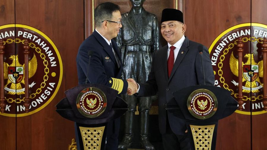 Indonesia's Defence Minister Sjafrie Sjamsoeddin looks on as he shakes hands with Chinese Defence Minister Dong Jun following their meeting in Jakarta, Indonesia, August 21, 2026. REUTERS/Ajeng Dinar Ulfiana