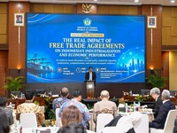 Menteri Keuangan Purbaya Yudhi Sadewa saat menjadi keynote speaker pada Free Trade Agreements on Indonesia Industrialization and Economic Perforamance di Aula Juanda lantai Mezanine Kementerian Keuangan pada Kamis (20/8).