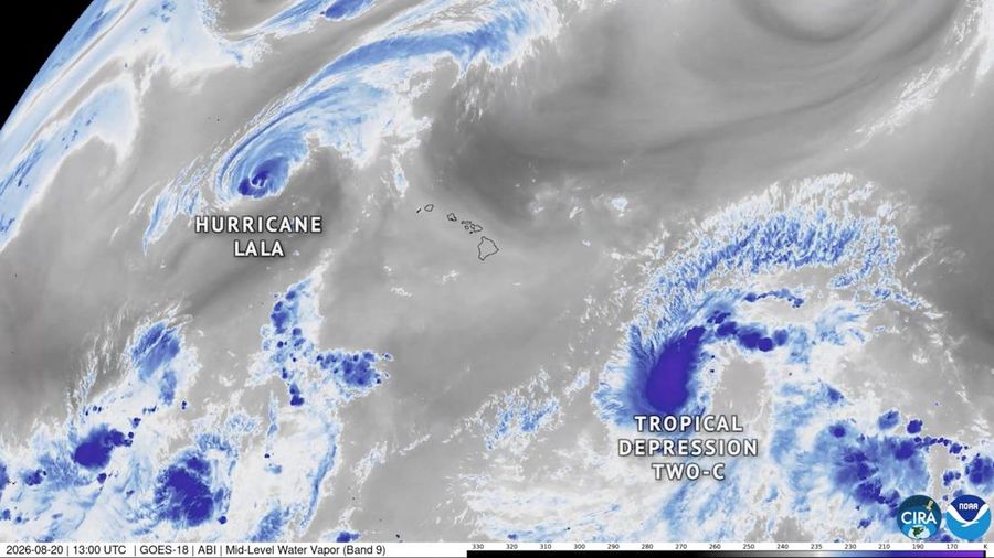 A satellite view shows Hurricane Lala churn in the Central Pacific, while the newly formed Tropical Depression Two-C is forecast to gradually strengthen as it moves toward the Hawaiian Islands over the next several days, August 20, 2026, in this stil