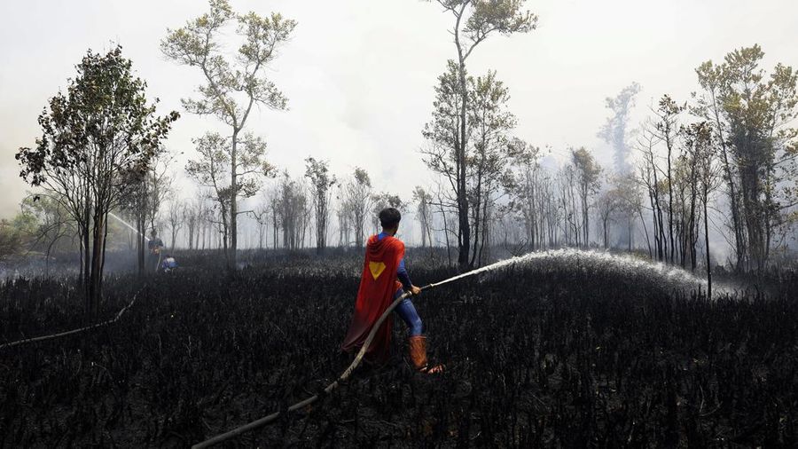 Rudiyansah, 16 tahun, mengenakan kostum Superman saat memadamkan api di area nan terdampak kebakaran rimba dan lahan di Palangka Raya, Provinsi Kalimantan Tengah, Jumat (14/8/2026). (REUTERS/Ajeng Dinar Ulfiana)