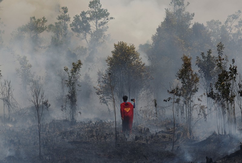 Rudiyansah, 16 tahun, mengenakan kostum Superman saat memadamkan api di area yang terdampak kebakaran hutan dan lahan di Palangka Raya, Provinsi Kalimantan Tengah, Jumat (14/8/2026). (REUTERS/Ajeng Dinar Ulfiana)