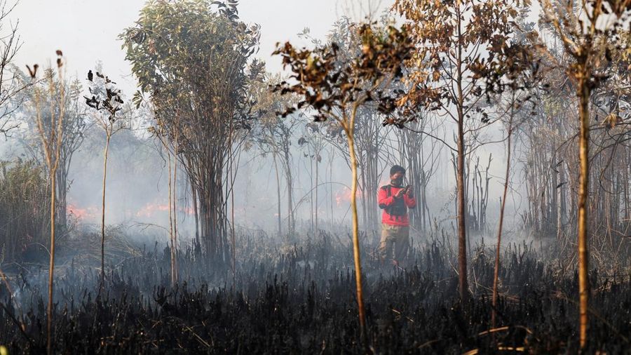 Rudiyansah, 16 tahun, mengenakan kostum Superman saat memadamkan api di area nan terdampak kebakaran rimba dan lahan di Palangka Raya, Provinsi Kalimantan Tengah, Jumat (14/8/2026). (REUTERS/Ajeng Dinar Ulfiana)