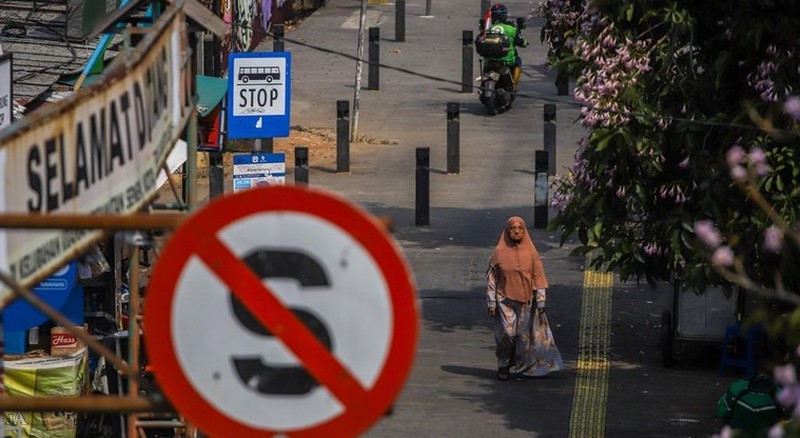 Sejumlah warga melintas diantara tanaman tabebuya yang bermekaran di Jakarta. (Detikcom/Pradita Utama)