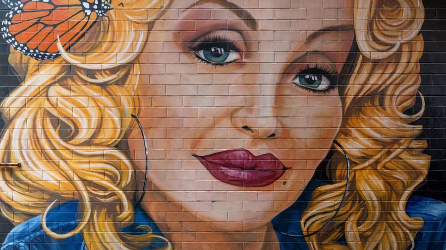 Bintang musik country Dolly Parton ditampilkan dalam sebuah mural di Strong Alley karya Colton Valentine dan Megan Lingerfelt di Knoxville, Tennessee, AS, pada 19 Agustus 2025. (Saul Young/USA Today Network via REUTERS)