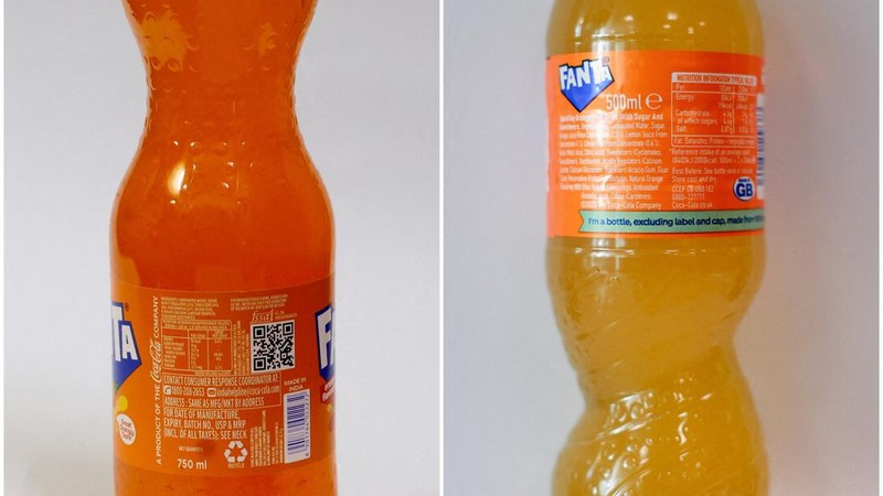 Foto gabungan memperlihatkan botol Fanta ukuran 750 ml di sebuah kantor di Mumbai, India, pada 24 Agustus 2026, dan botol Fanta ukuran 500 ml di sebuah kantor di London, Inggris, pada 24 Agustus 2026.