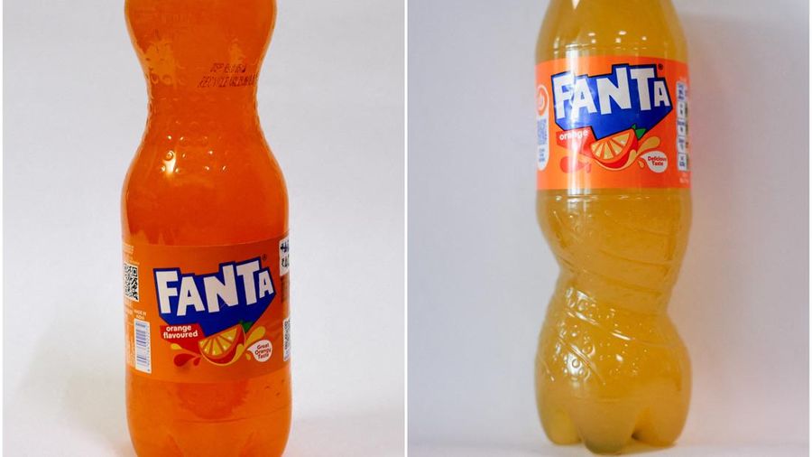 Foto gabungan memperlihatkan botol Fanta ukuran 750 ml di sebuah kantor di Mumbai, India, pada 24 Agustus 2026, dan botol Fanta ukuran 500 ml di sebuah kantor di London, Inggris, pada 24 Agustus 2026.