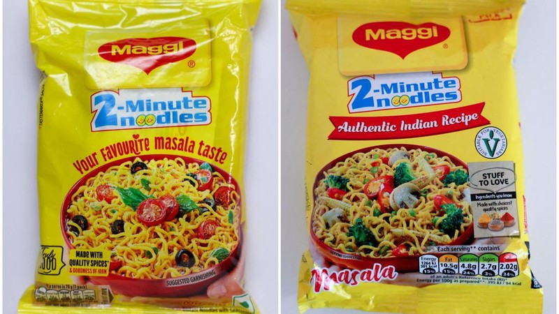 Foto gabungan memperlihatkan sebungkus mi instan Nestle Maggi Masala 2-Minute Noodles di sebuah kantor di Mumbai, India, pada 20 Agustus 2026, dan sebungkus mi instan Nestle Maggi Masala 2-Minute Noodles di sebuah kantor di London, Inggris, pada 24 Agustus 2026.