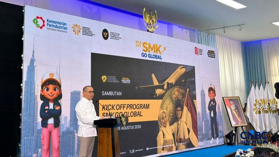 Menteri Pelindungan Pekerja Migran Indonesia (P2MI) Mukhtarudin saat kick off SMK Go Global di Jakarta, Rabu (26/8/2026). (CNBC Indonesia/Elga Nurmutia)