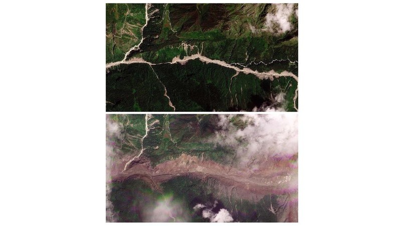 Gabungan citra satelit memperlihatkan Manakamana, Nepal, pada tanggal 23 Agustus 2026 sebelum banjir bandang (atas) dan pada tanggal 26 Agustus 2026 setelah banjir bandang (bawah) yang melanda wilayah tersebut. (PLANET LABS PBC/Handout via REUTERS)