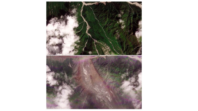 Gabungan citra satelit memperlihatkan Manakamana, Nepal, pada tanggal 23 Agustus 2026 sebelum banjir bandang (atas) dan pada tanggal 26 Agustus 2026 setelah banjir bandang (bawah) yang melanda wilayah tersebut. (PLANET LABS PBC/Handout via REUTERS)