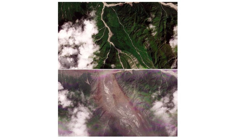 Gabungan citra satelit memperlihatkan Manakamana, Nepal, pada tanggal 23 Agustus 2026 sebelum banjir bandang (atas) dan pada tanggal 26 Agustus 2026 setelah banjir bandang (bawah) yang melanda wilayah tersebut. (PLANET LABS PBC/Handout via REUTERS)