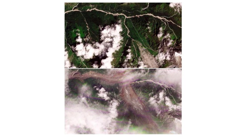 Gabungan citra satelit memperlihatkan Manakamana, Nepal, pada tanggal 23 Agustus 2026 sebelum banjir bandang (atas) dan pada tanggal 26 Agustus 2026 setelah banjir bandang (bawah) yang melanda wilayah tersebut. (PLANET LABS PBC/Handout via REUTERS)