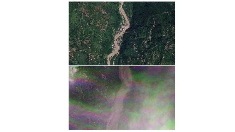 Gabungan citra satelit memperlihatkan Manakamana, Nepal, pada tanggal 23 Agustus 2026 sebelum banjir bandang (atas) dan pada tanggal 26 Agustus 2026 setelah banjir bandang (bawah) yang melanda wilayah tersebut. (PLANET LABS PBC/Handout via REUTERS)