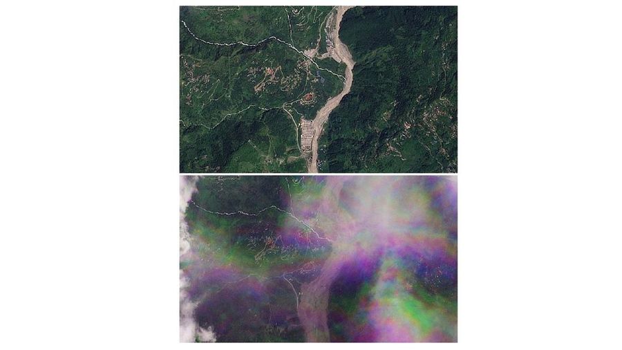 Gabungan citra satelit memperlihatkan Manakamana, Nepal, pada tanggal 23 Agustus 2026 sebelum banjir bandang (atas) dan pada tanggal 26 Agustus 2026 setelah banjir bandang (bawah) yang melanda wilayah tersebut. (PLANET LABS PBC/Handout via REUTERS)