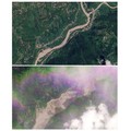 Gabungan citra satelit memperlihatkan Manakamana, Nepal, pada tanggal 23 Agustus 2026 sebelum banjir bandang (atas) dan pada tanggal 26 Agustus 2026 setelah banjir bandang (bawah) yang melanda wilayah tersebut. (PLANET LABS PBC/Handout via REUTERS)