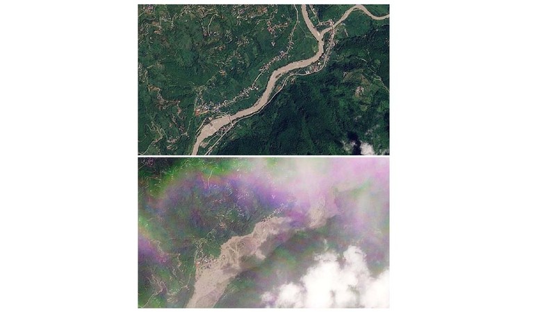 Gabungan citra satelit memperlihatkan Manakamana, Nepal, pada tanggal 23 Agustus 2026 sebelum banjir bandang (atas) dan pada tanggal 26 Agustus 2026 setelah banjir bandang (bawah) yang melanda wilayah tersebut. (PLANET LABS PBC/Handout via REUTERS)