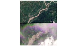 Gabungan citra satelit memperlihatkan Manakamana, Nepal, pada tanggal 23 Agustus 2026 sebelum banjir bandang (atas) dan pada tanggal 26 Agustus 2026 setelah banjir bandang (bawah) yang melanda wilayah tersebut. (PLANET LABS PBC/Handout via REUTERS)