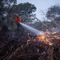 Judan, seorang petugas Badan Penanggulangan Bencana Daerah (BPBD) berusia 51 tahun, menyemprotkan air untuk memadamkan api di lahan gambut yang terbakar akibat kebakaran hutan dan lahan di Kubu Raya, Provinsi Kalimantan Barat, Indonesia, pada 27 Agus