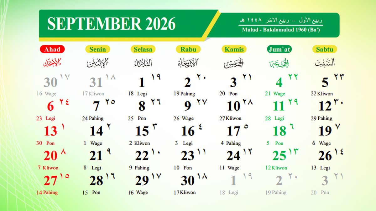 Kalender Hijriah September 2026 Beserta Jadwal Puasa Sunnahnya
