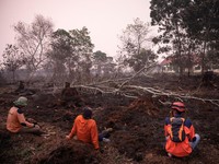 Petugas Badan Penanggulangan Bencana Daerah (BPBD) beristirahat setelah memadamkan kebakaran di kawasan lahan gambut yang terbakar akibat kebakaran hutan dan lahan di Kubu Raya, Provinsi Kalimantan Barat, Indonesia, pada 27 Agustus 2026. (REUTERS/Wil