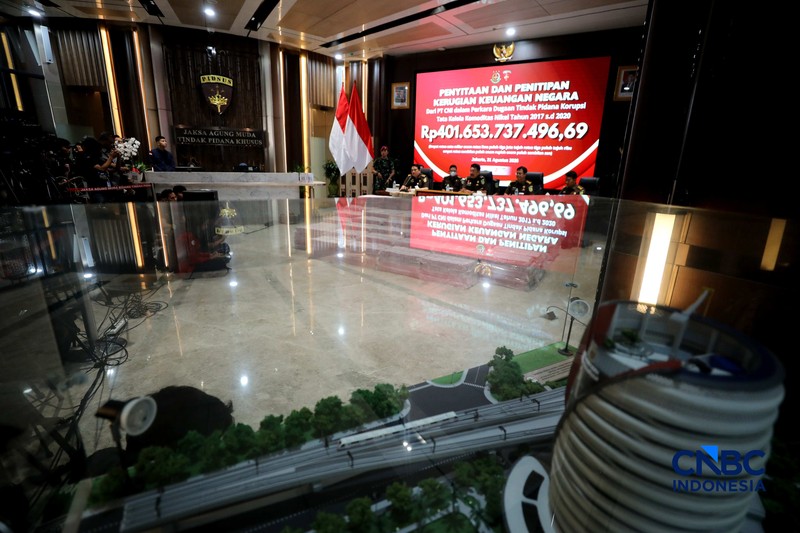 Kejaksaan Agung (Kejagung) menyita barang bukti uang Rp 401 miliar. Uang tersebut hasil penyitaan dugaan tindak pidana korupsi tata kelola komoditas nikel PT CNI tahun 2017 sampai 2020, Senin (31/8/2026). (CNBC Indonesia/Tri Susilo)