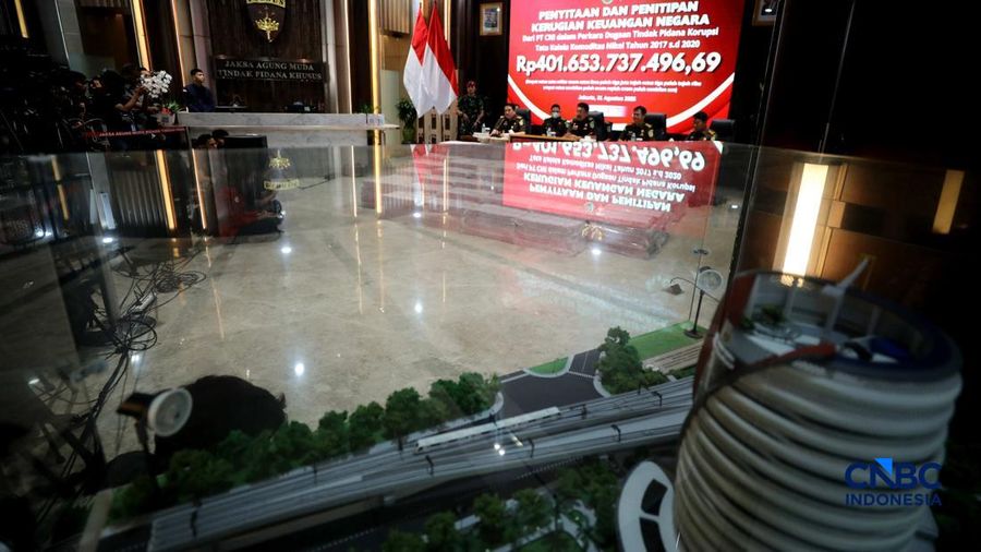 Kejaksaan Agung (Kejagung) menyita barang bukti uang Rp 401 miliar. Uang tersebut hasil penyitaan dugaan tindak pidana korupsi tata kelola komoditas nikel PT CNI tahun 2017 sampai 2020, Senin (31/8/2026). (CNBC Indonesia/Tri Susilo)