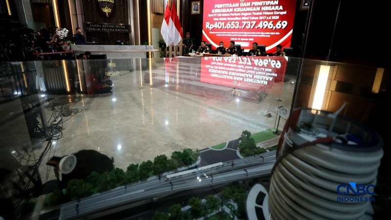 Kejaksaan Agung (Kejagung) menyita barang bukti uang Rp 401 miliar. Uang tersebut hasil penyitaan dugaan tindak pidana korupsi tata kelola komoditas nikel PT CNI tahun 2017 sampai 2020, Senin (31/8/2026). (CNBC Indonesia/Tri Susilo)
